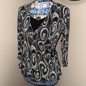 Y2K Whimsigoth Black & white Notations paisley blouse with tie detail
